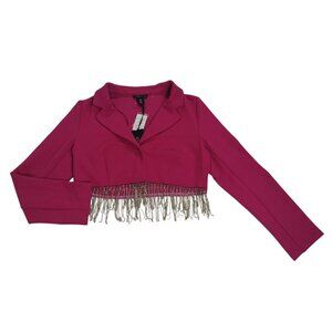 Sincerely Jules Womens Fuchsia Cropped Blazer W/ Rhinestone Fringe Detailing.